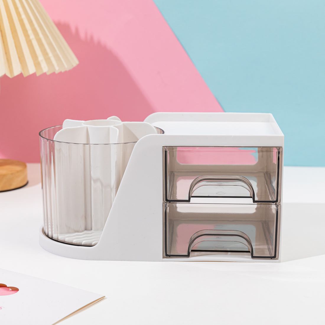 Rotating Pen Holder With Mini Drawers Gray