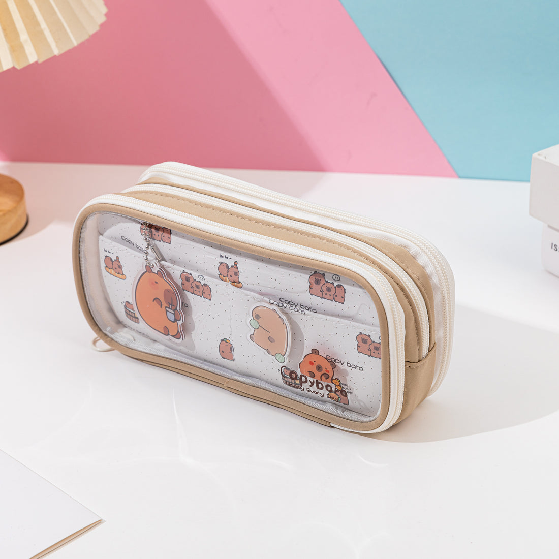 Capybara 3 Tier Pencil Case with Transparent Surface Light Brown