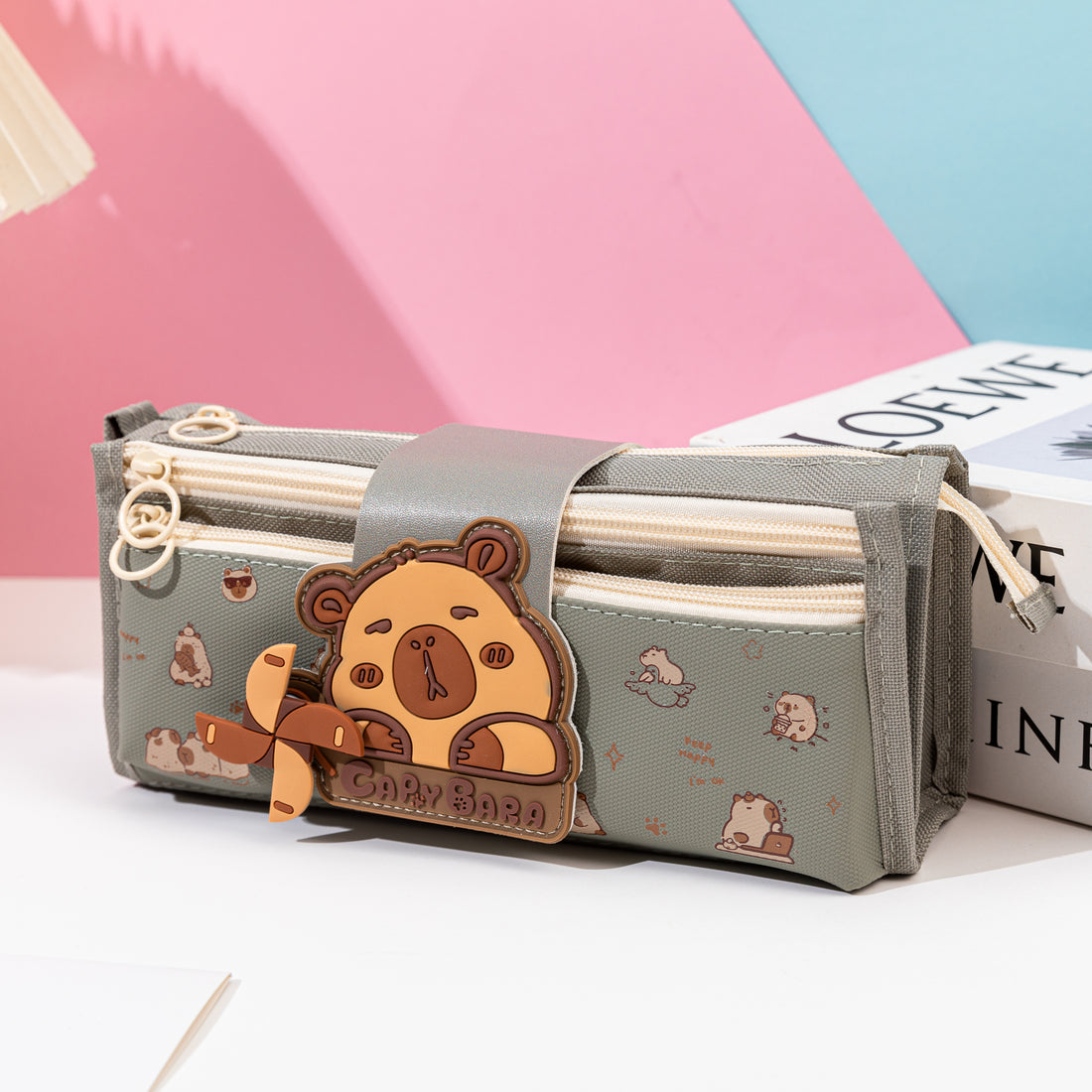 Capybara 3 Tier Pencil Case with Flap Khaki