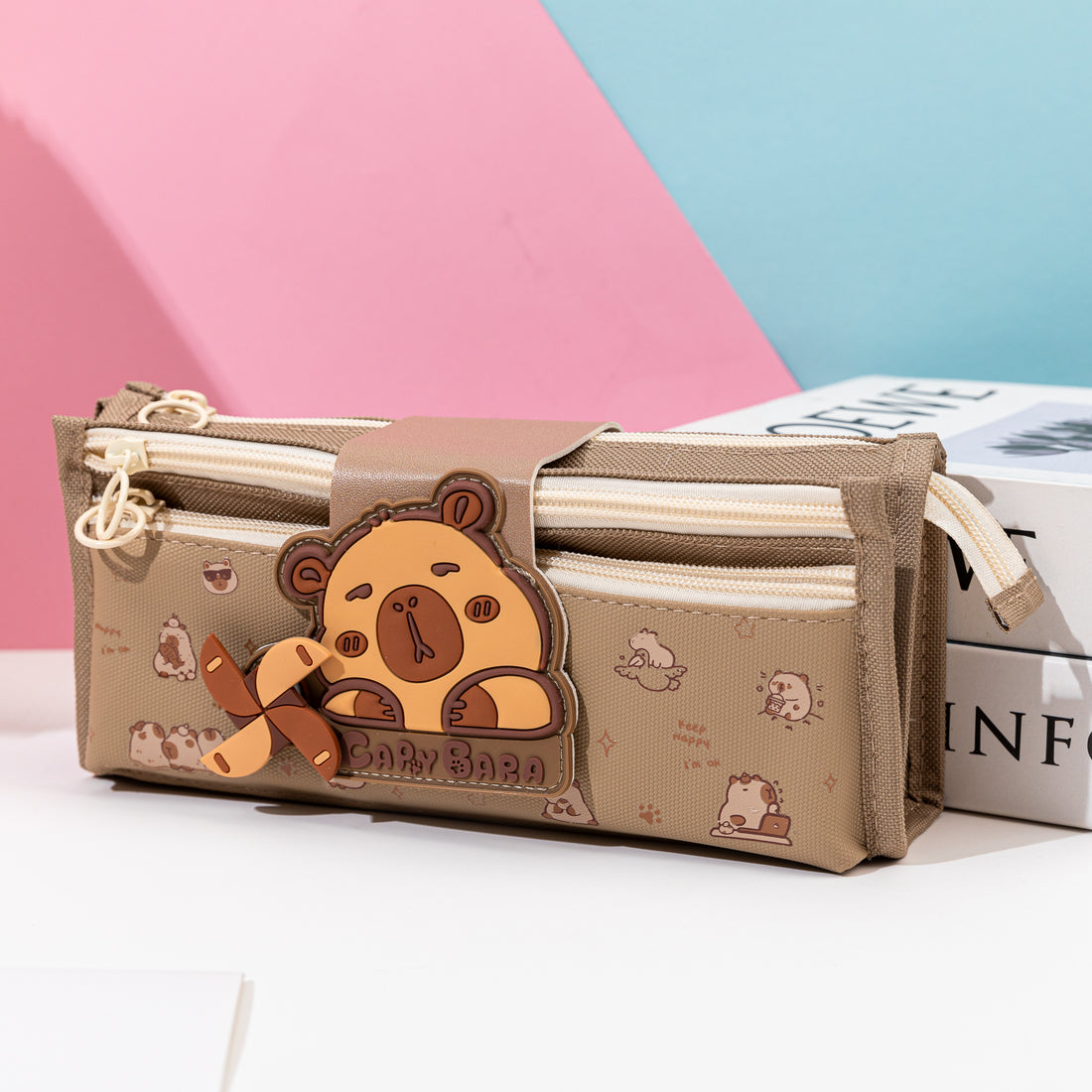 Capybara 3 Tier Pencil Case with Flap Light Brown