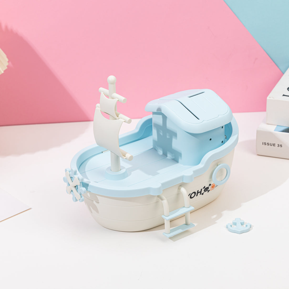 Self-Assembled Ship Money Box With Key Baby Blue